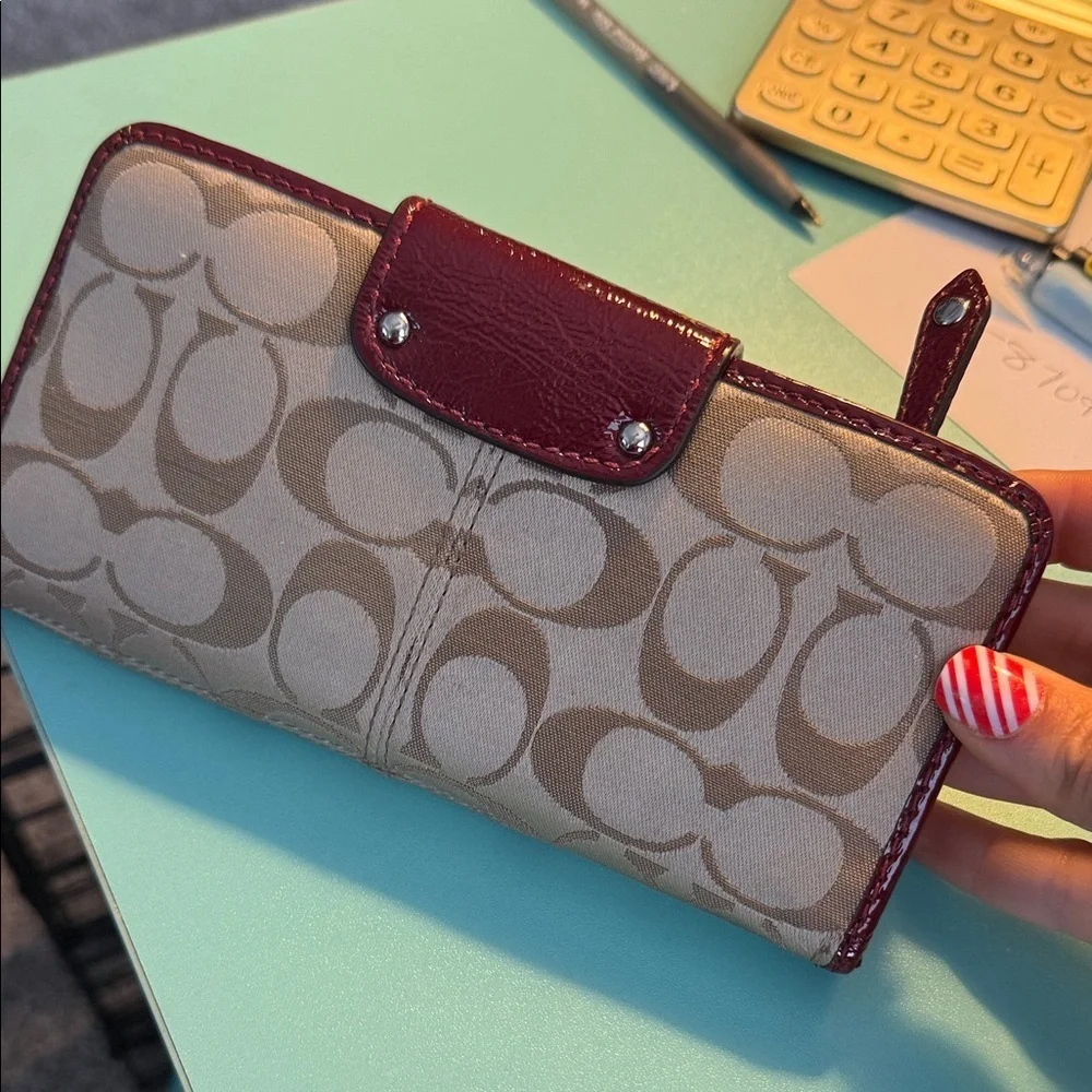 Coach Tan and Burgundy Signature Wallet Red designer wallet purse clutch card